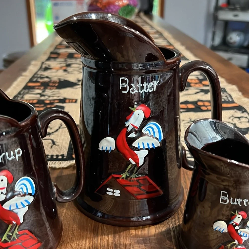 Vintage Redware 1950s pancake batter set with rooster design